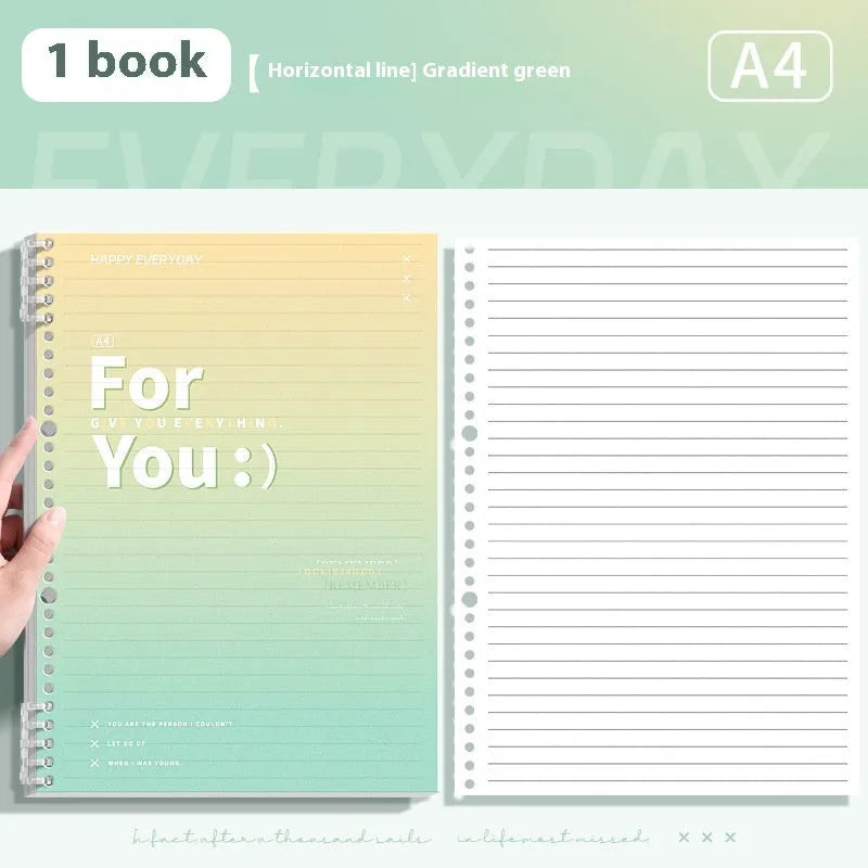 Removable coil gradient notepad in blue, green, pink, or purple with grid paper.