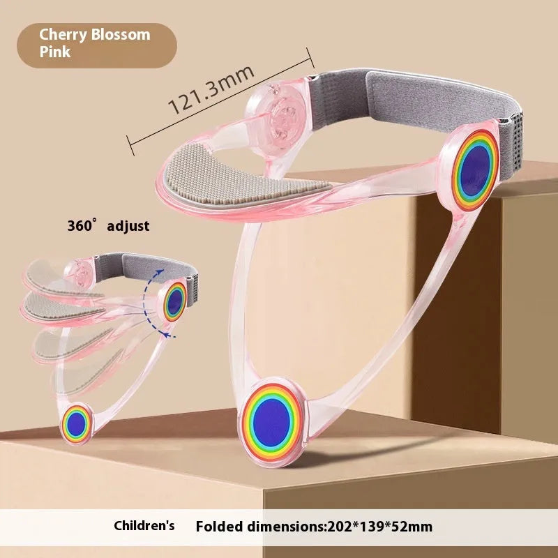 Adjustable cervical spine correction brace in blue, pink, and transparent for adults and children.