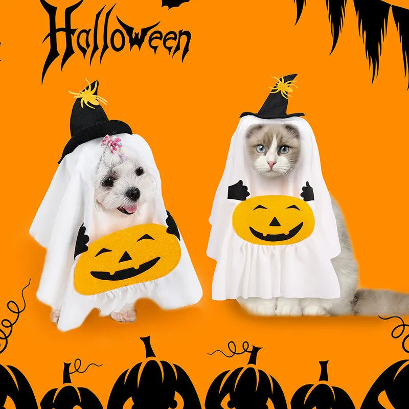White pumpkin ghost dog costume in viscose material shown on pet model