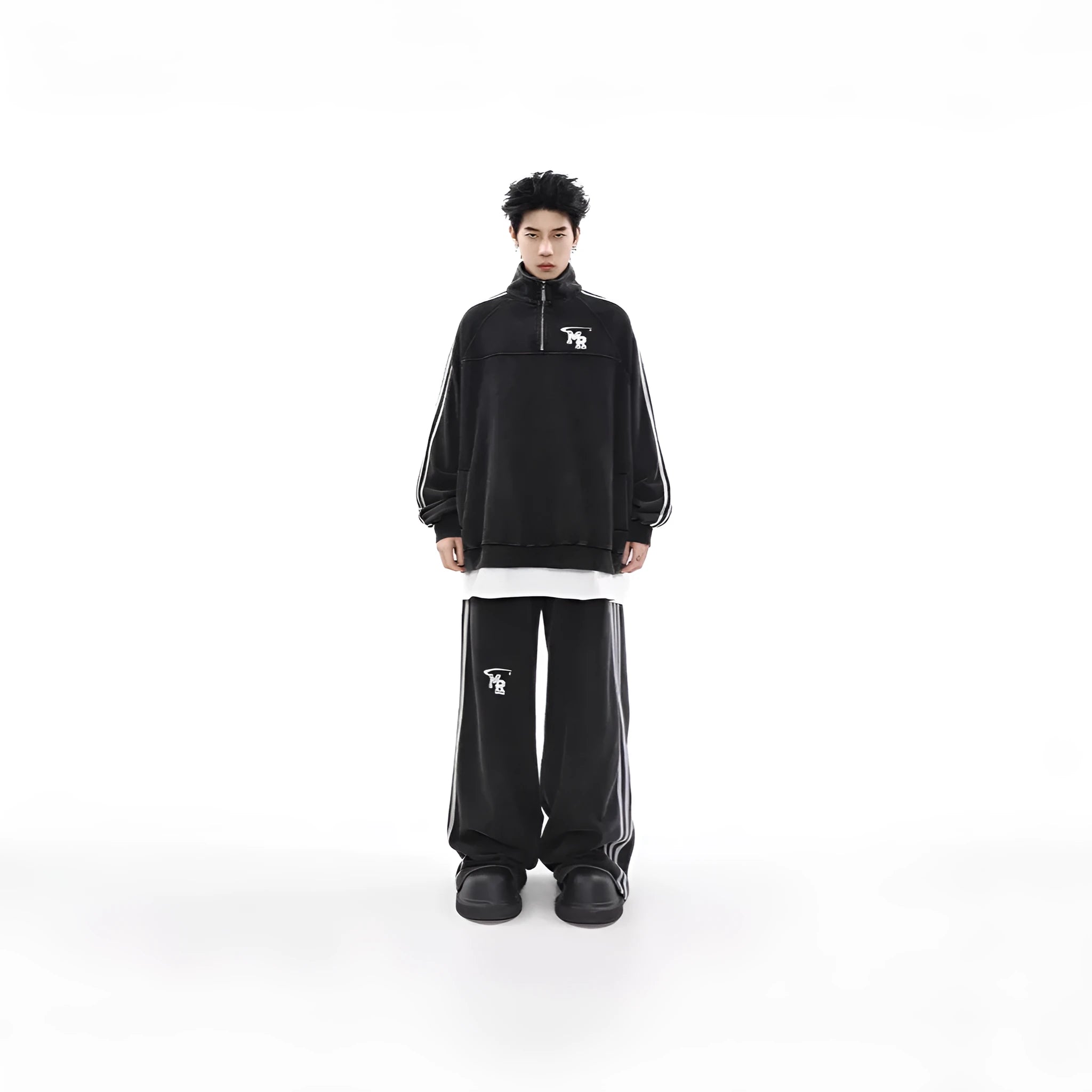 Black retro stand collar polyester hoodie coat for men and women on a hanger.