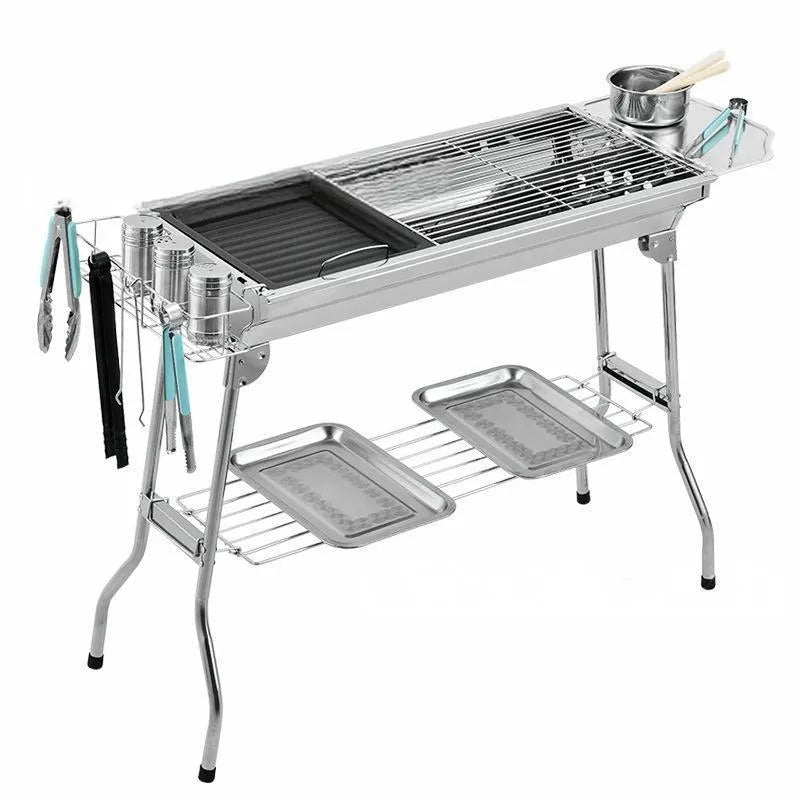 Large stainless steel portable barbecue oven with charcoal grill and safety nets