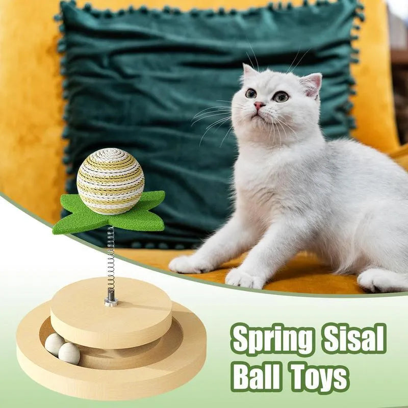 Green interactive cat toy centre with sisal scratching pad and multi-layer ball track.