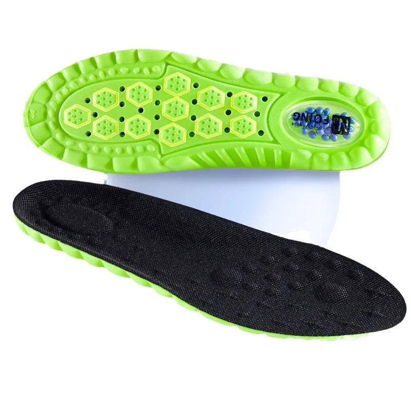 Green PU sports insoles with air cushion shock absorption and argy wormwood lining on a white background