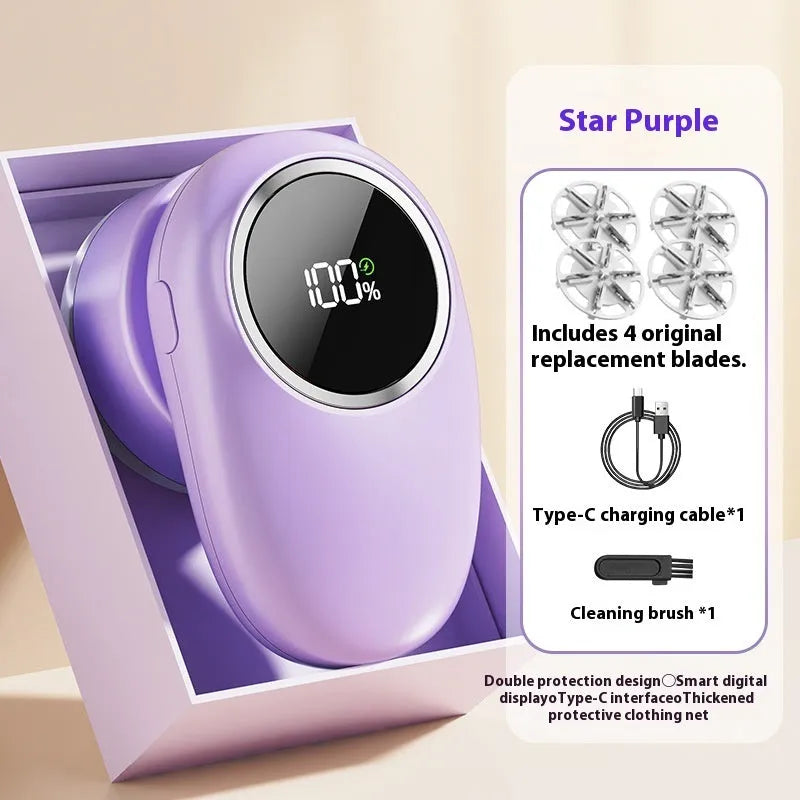 Purple and beige digital fur ball trimmer with LCD screen and multiple blade heads on a white background