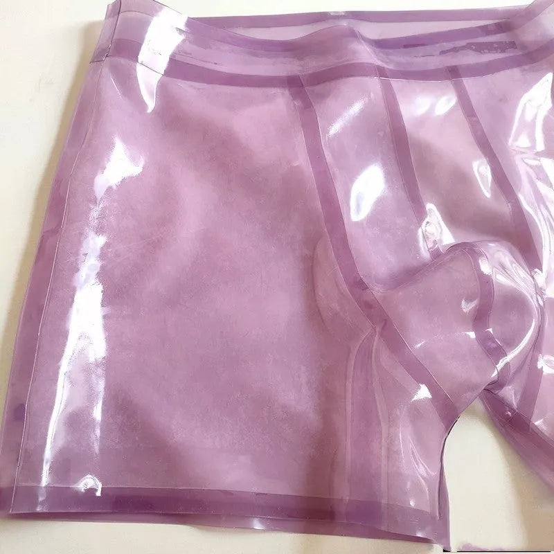 Natural pure latex low waist underwear for men in purple, front view, multiple sizes available XS to 3XL