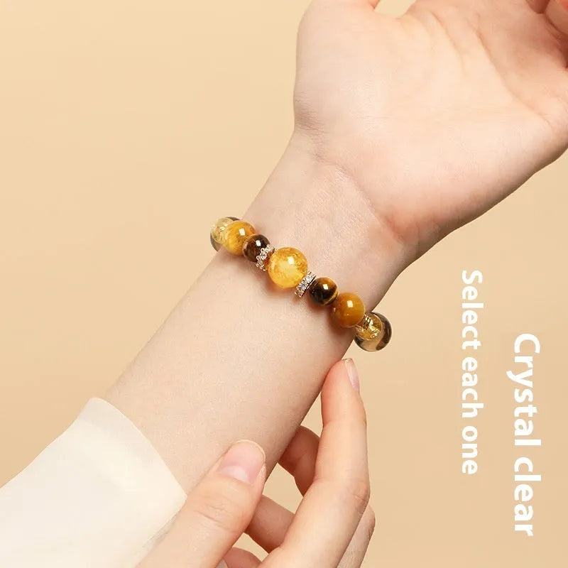 Natural yellow tiger-eye crystal bracelet with geometric tower design and 10MM beads