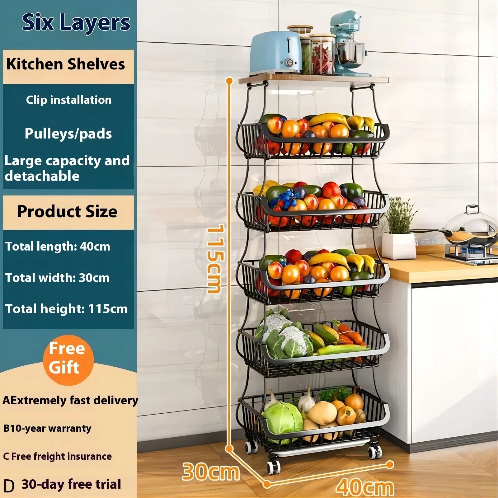 Black six layer kitchen shelf floor trolley with carbon steel frame and modern design