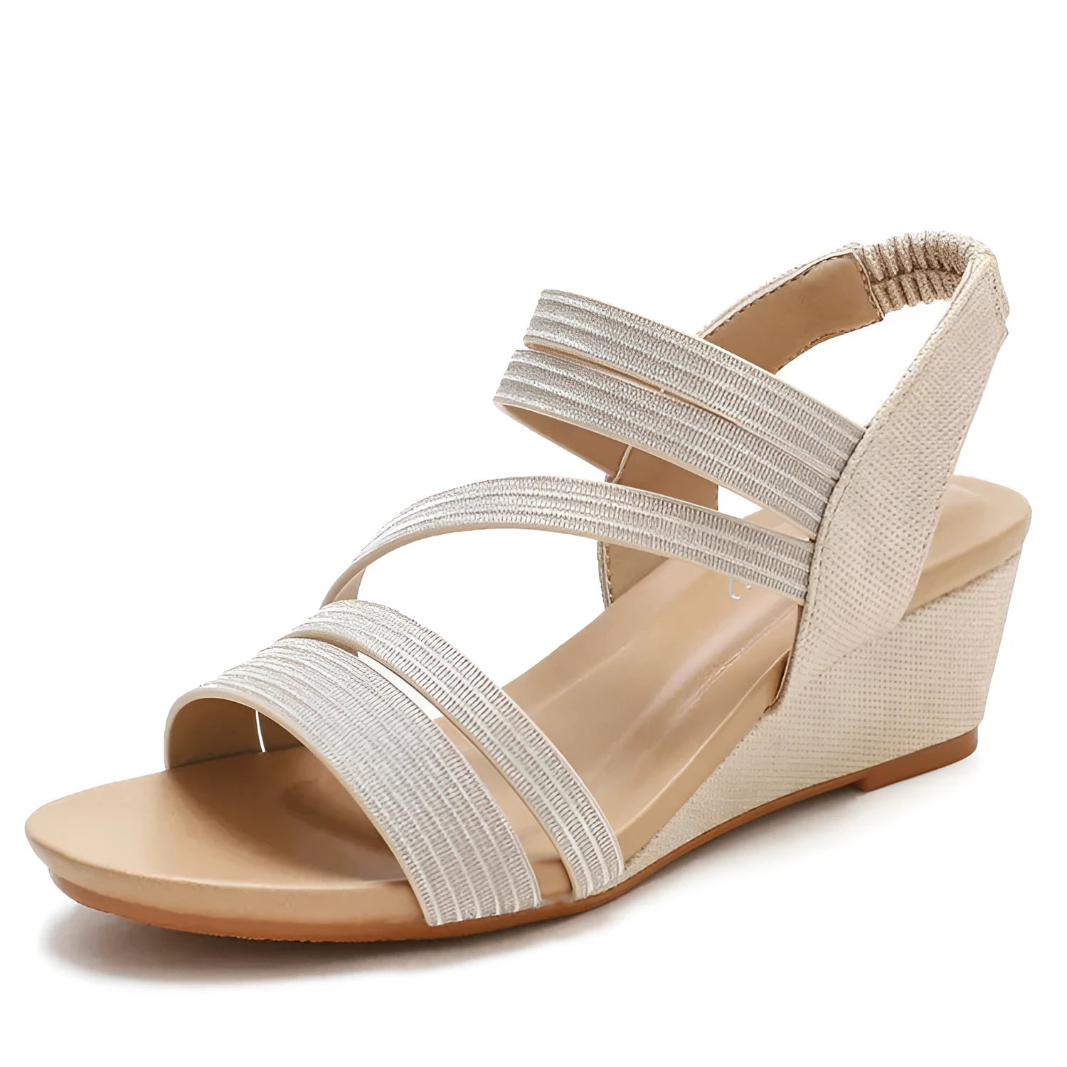Women's gold leather platform sandals with a mid-heel on a white background.