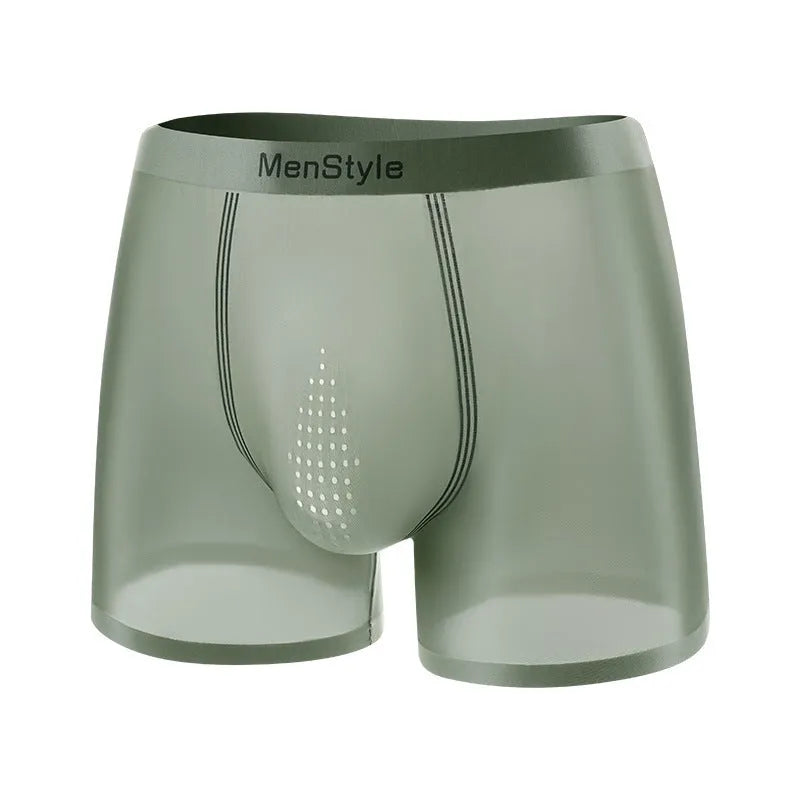 Men's satin ice silk seamless boxer shorts in nylon fabric, showing mid waist fit.