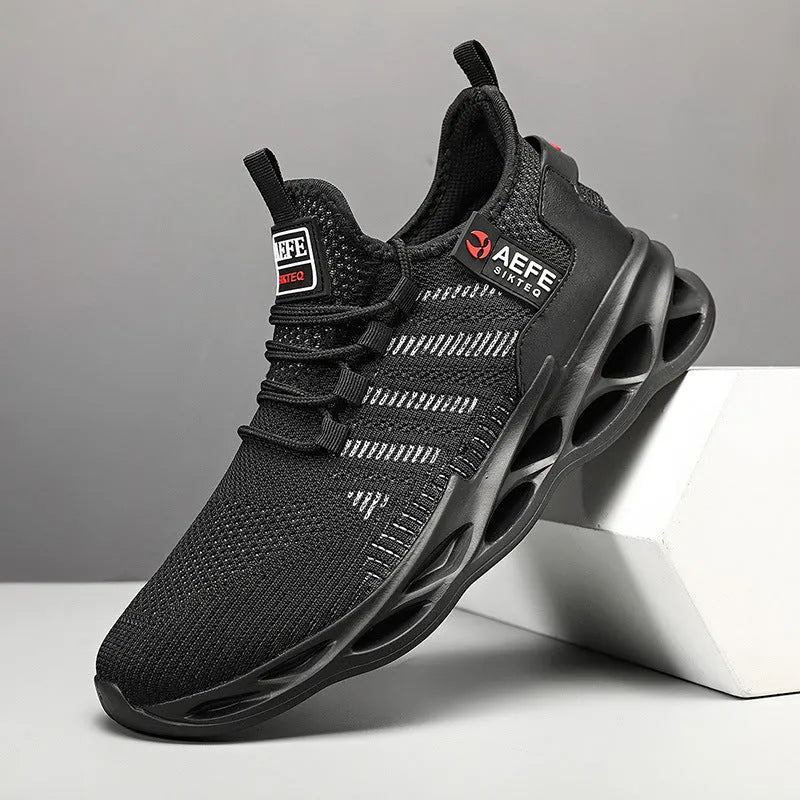Men's black mesh casual running shoes with cross strap detail and low-top design