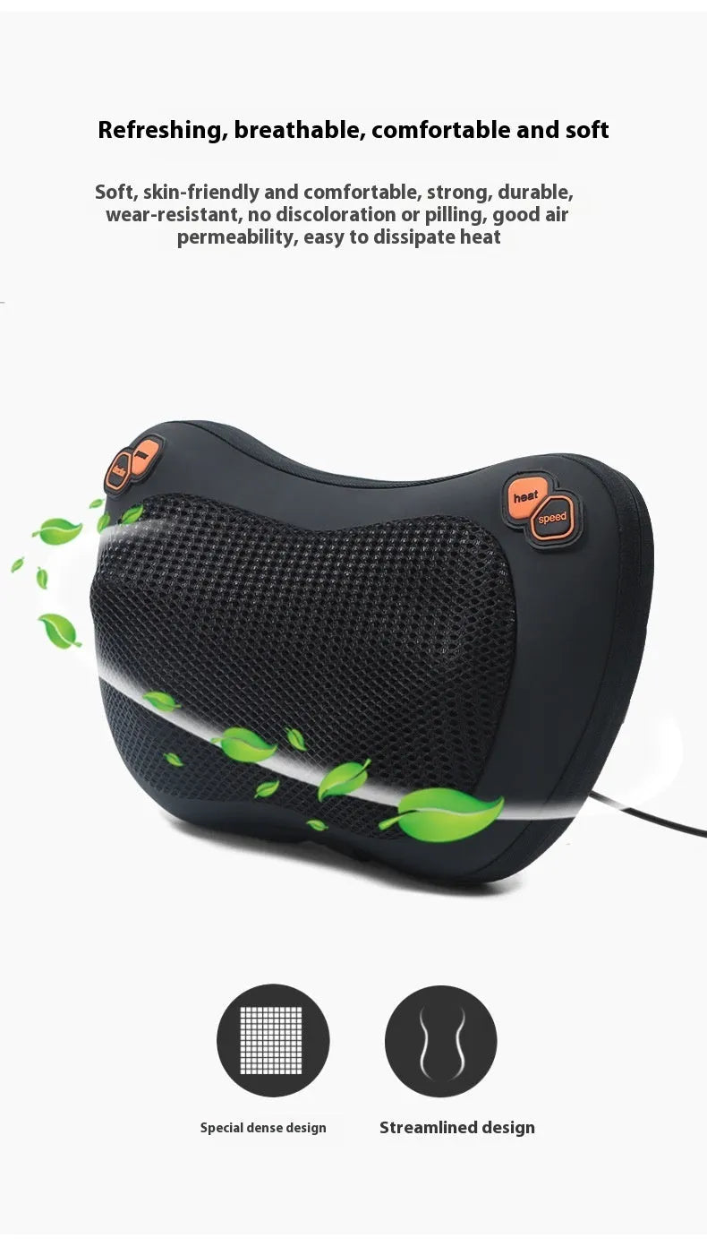 Smart shoulder neck massager pillow with genuine leather fabric, showing 8 massage heads, available in black and brown colours