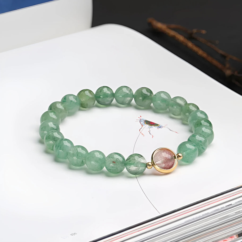 Green strawberry quartz single circle ball bracelet with 7.5mm beads and hand-woven construction