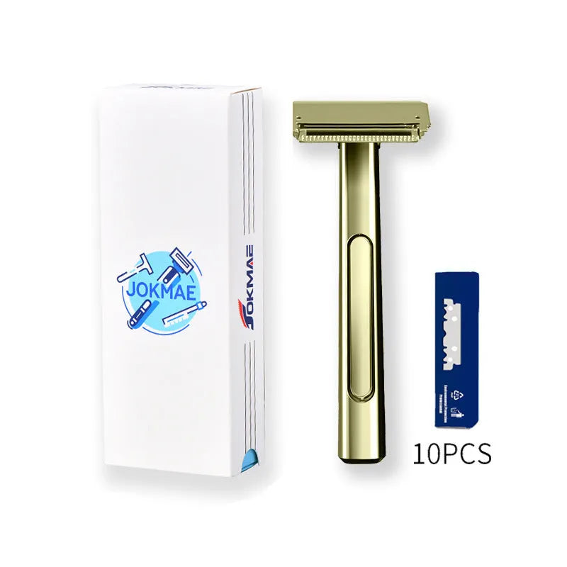 20T double-layer half-blade manual shaver with suspension head in bronze finish, next to a pack of 10 blades.