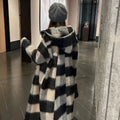 Mid-length loose woolen coat in beige black plaid, sizes L to 4XL.