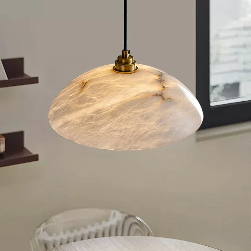 Three-head round copper marble chandelier with warm light, 30cm size for dining table