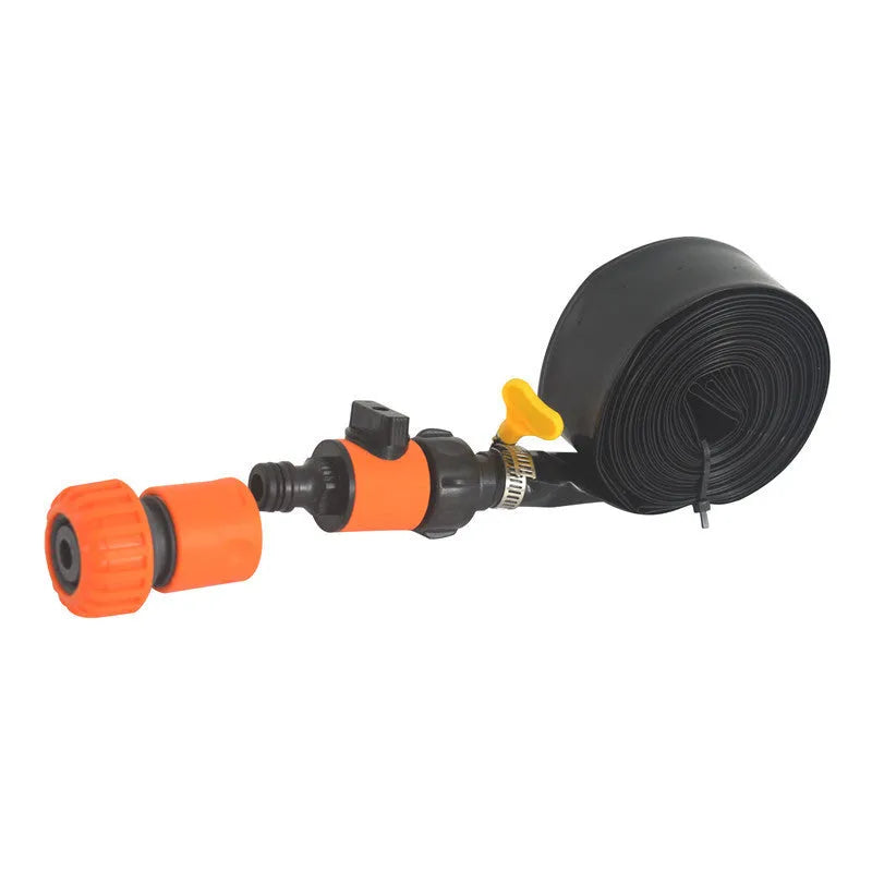Blue portable plastic garden sprinkler with PVC switch on grass.