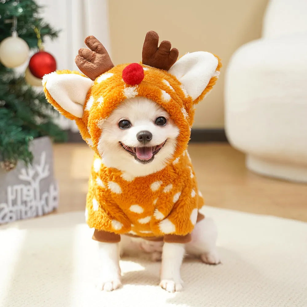Fleece-lined elk Christmas costume for medium-sized dogs with antler design