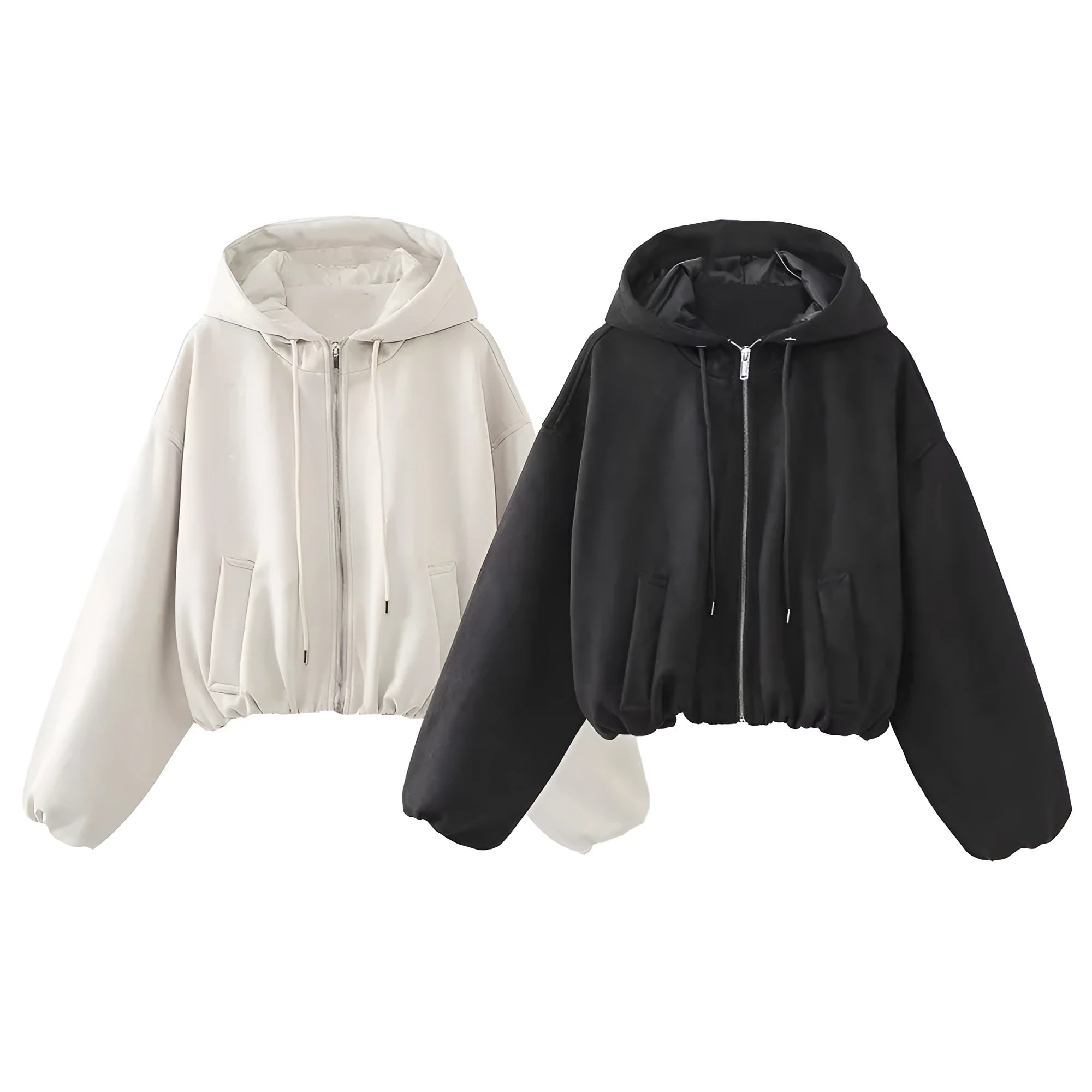 Women's white suede hooded casual jacket on a hanger