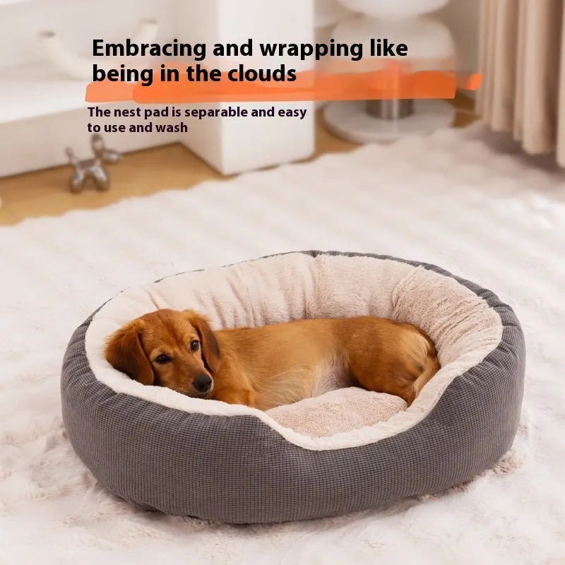 Winter fleece-lined cat nest in gray, khaki, or bright yellow, sizes S to XL, removable washable pet bed