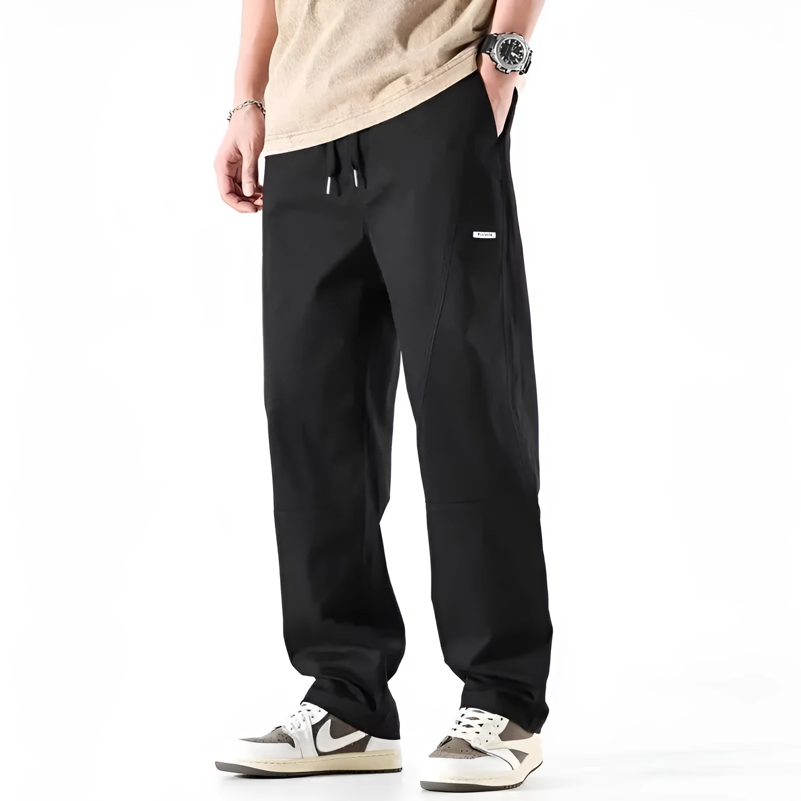 Casual cotton wide-leg trousers with pants-mouth design in milky white and black colours