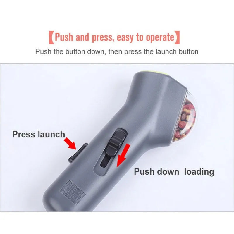 Grey plastic manual dog treat catapult launcher for outdoor training and play