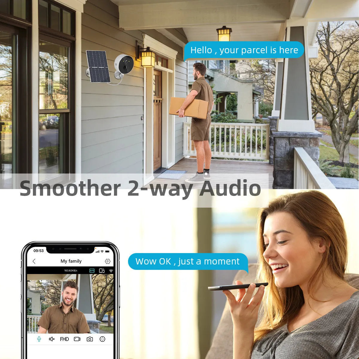 Outdoor solar-powered security camera with solar panel for battery charging.