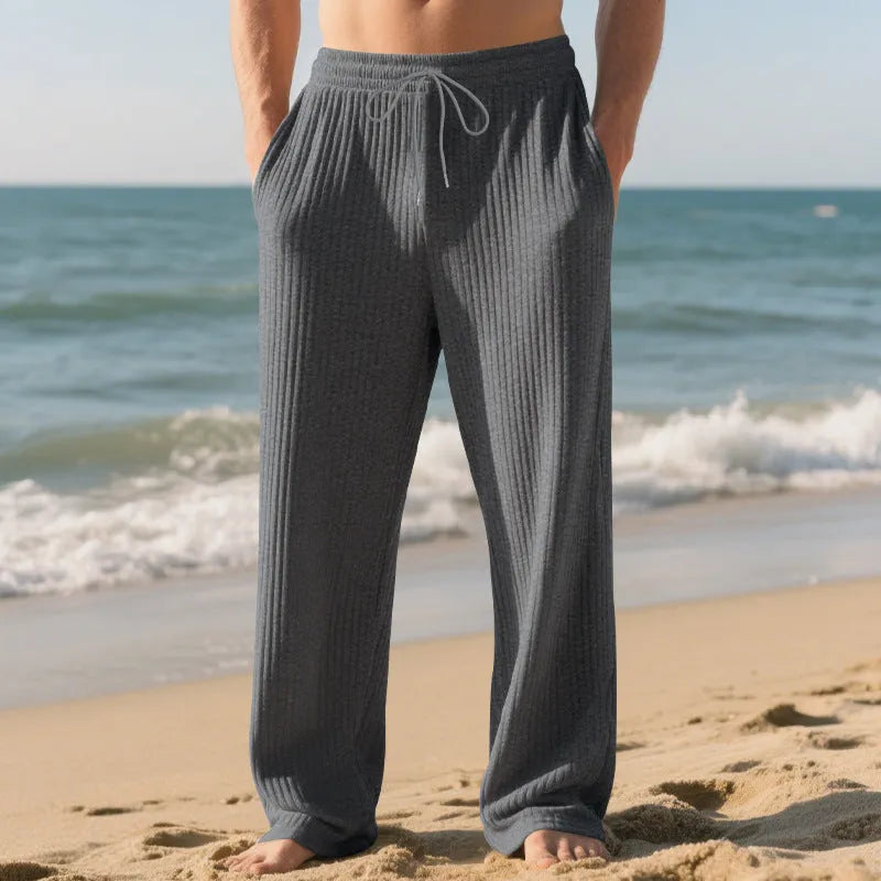 Men's baggy straight trousers in khaki, drawstring waist, straight-leg style