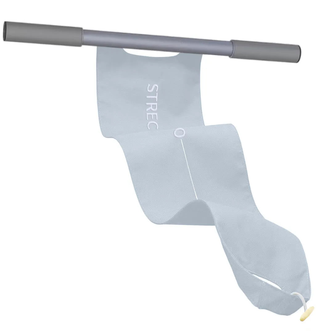 Grey and pink yoga stretching tool for shoulder back and hip flexibility on a fitness mat.