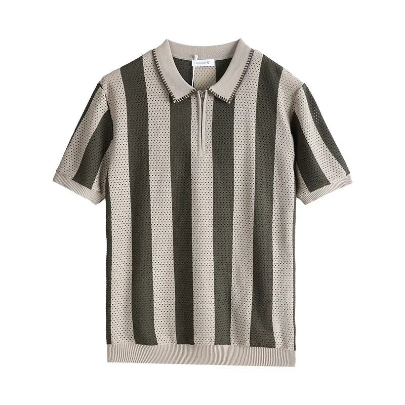 Man wearing a short sleeve striped sweater with zipper details in a light blue colour.