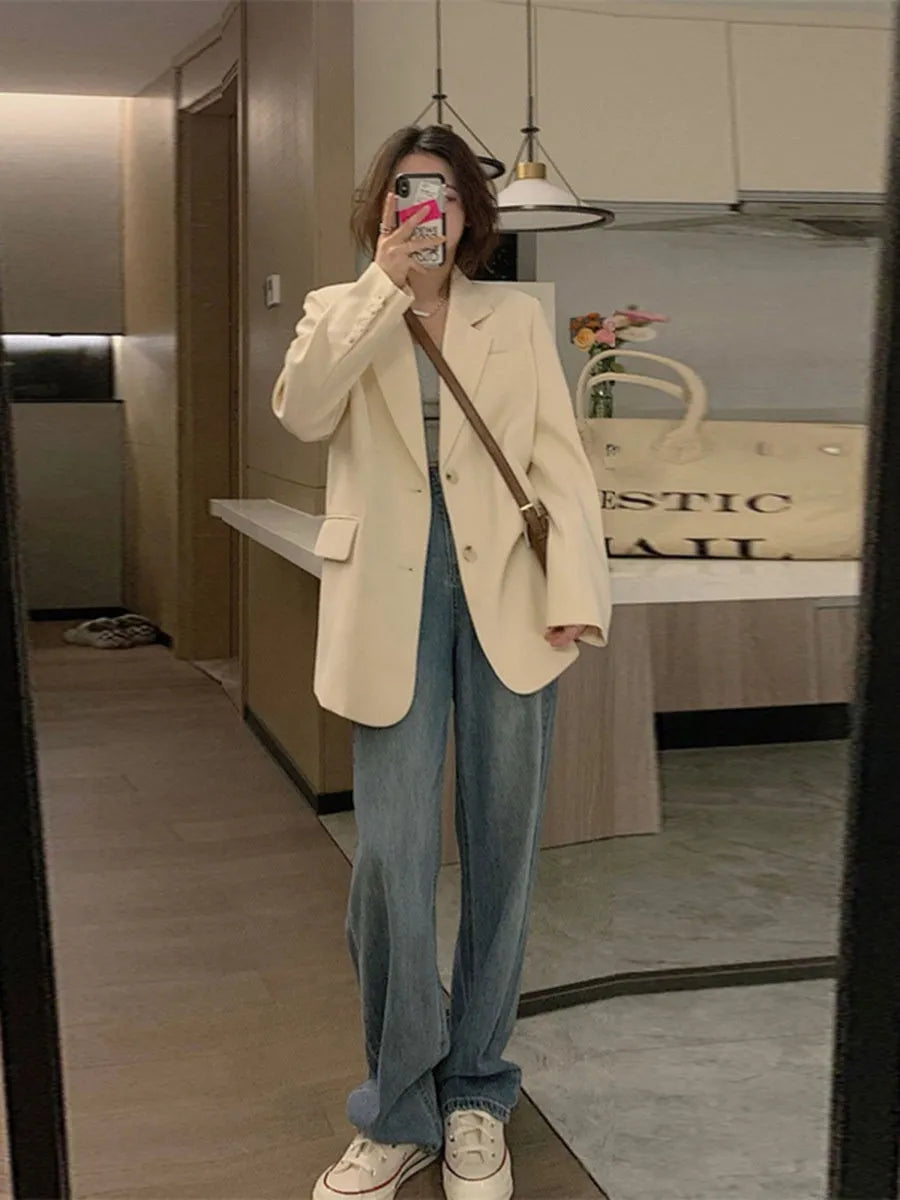 Korean-style solid-colour women's suit jacket with long sleeves and pockets