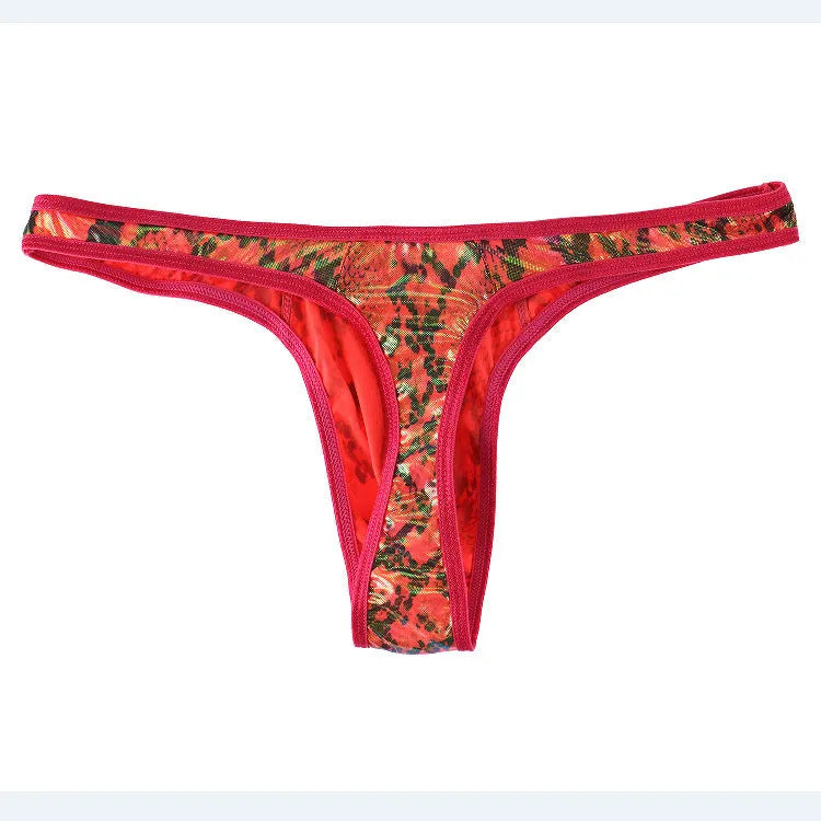 Men's camouflage snake print thong underpants in polyester fabric with low waist T-back design