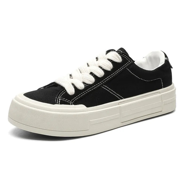 Canvas platform casual skate shoes with lace-up, tassel detail, and rubber sole in black and gray