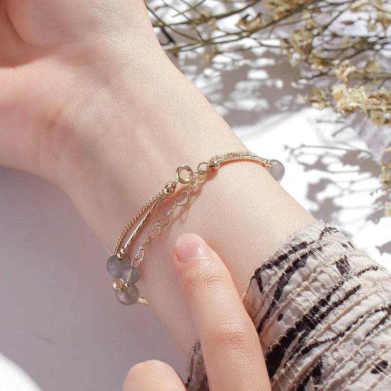 Korean style double-layer crystal bracelet with electroplated moonlight copper finish