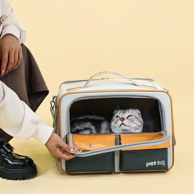Portable outdoor cat backpack in 1061 yellow nylon with breathable foldable design