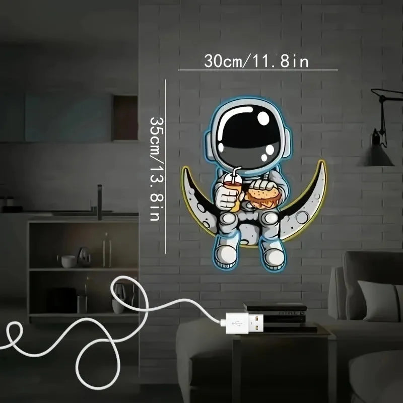 Astronaut-shaped neon wall lamp with blue lemon yellow lighting in 30x35cm plastic housing