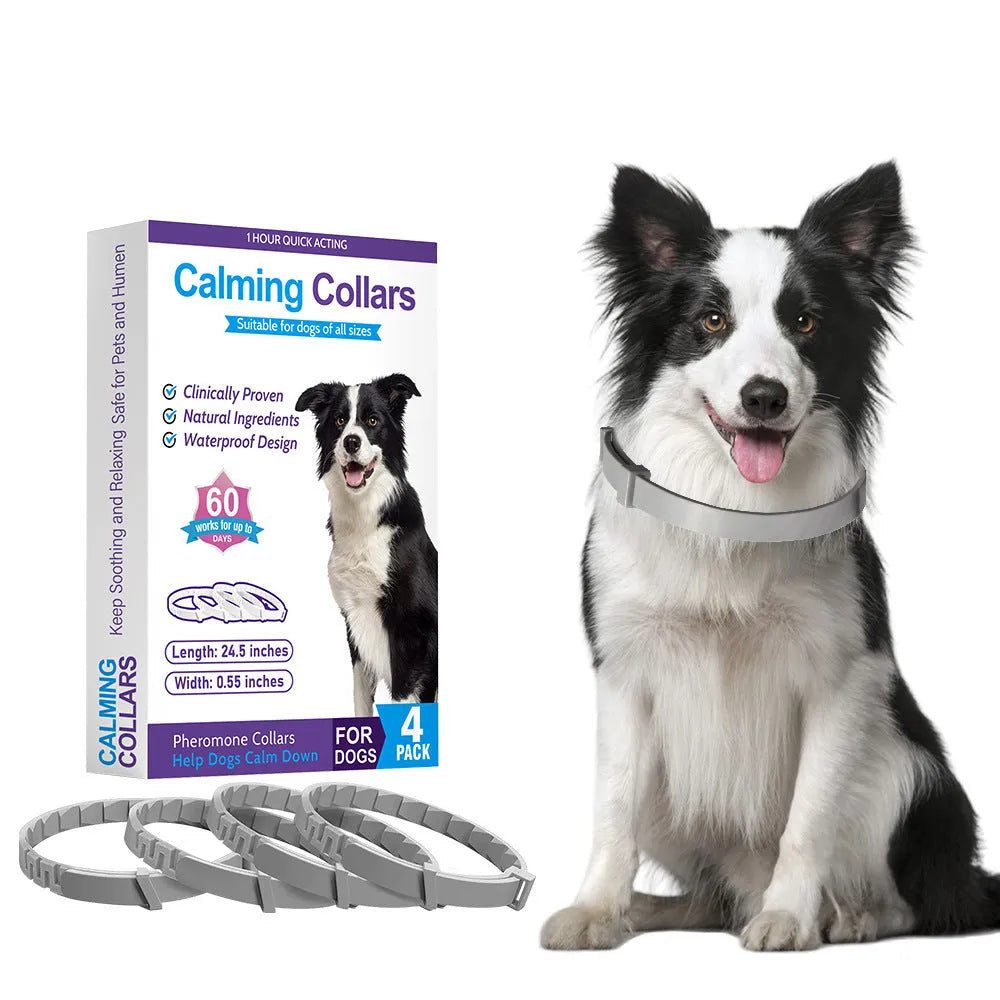 Four-pack of monochrome patterned dog anxiety relief collars in assorted colours on a white background.