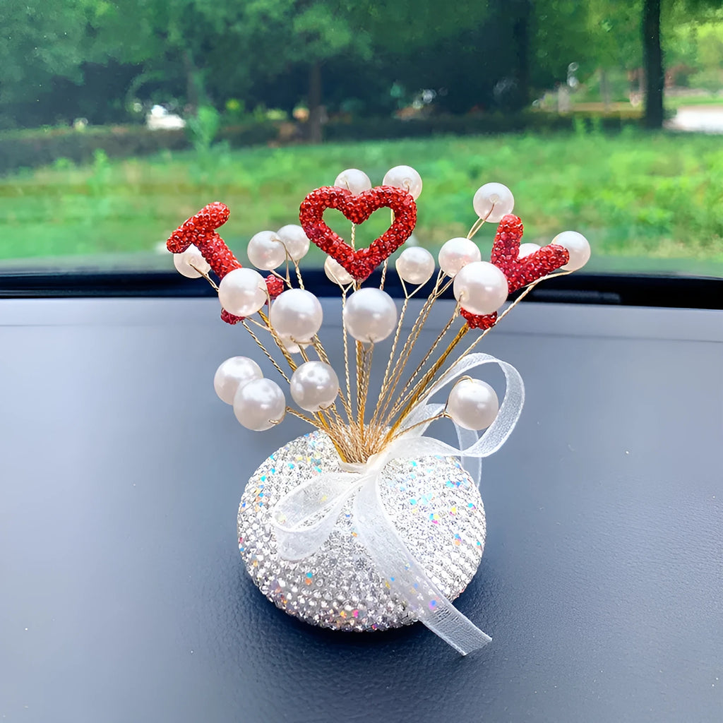 Clay star car decoration ornament for centre console in various red, pink, and pearl white colour designs.