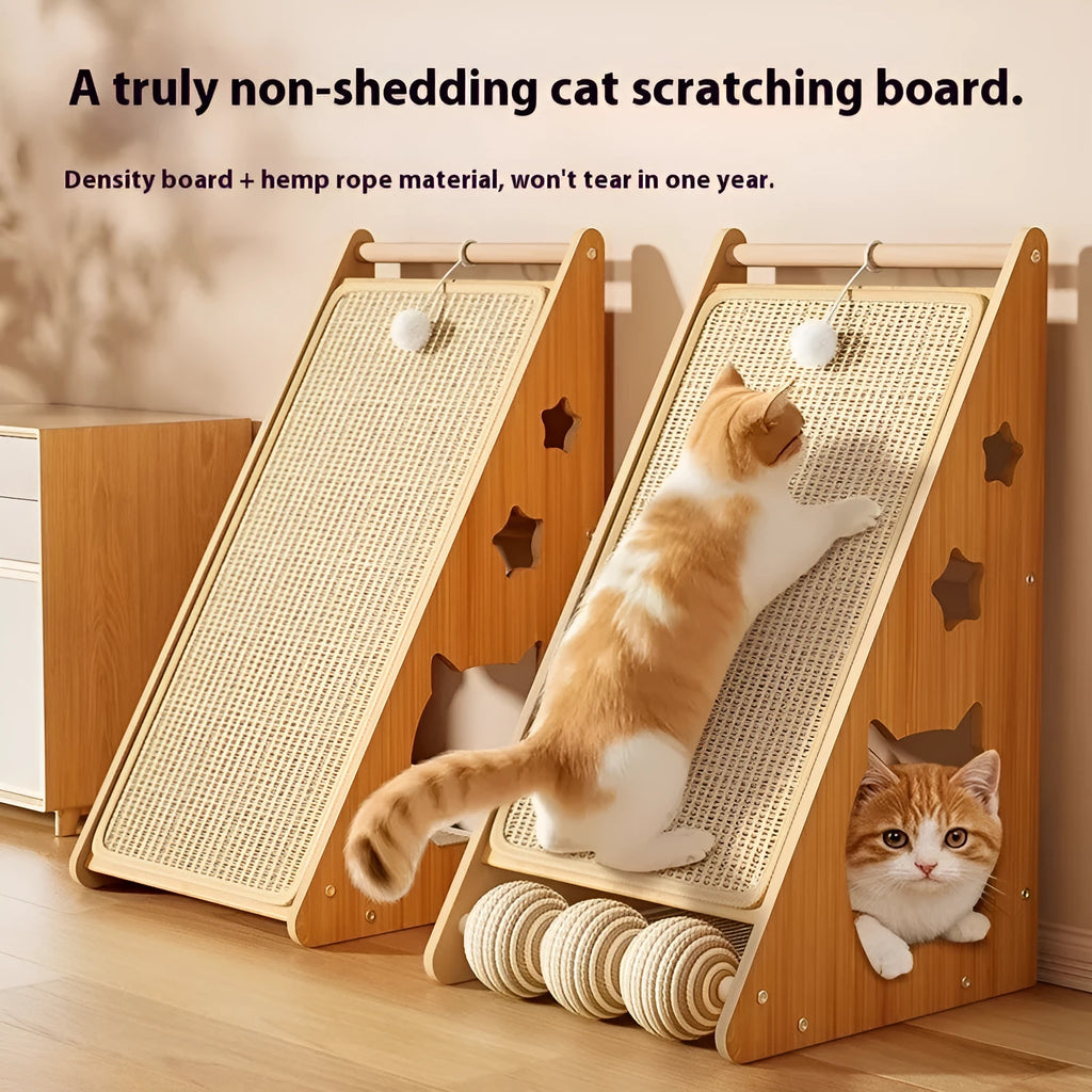 Vertical cat scratch board with sisal surface and hemp rope, mounted on a wall.