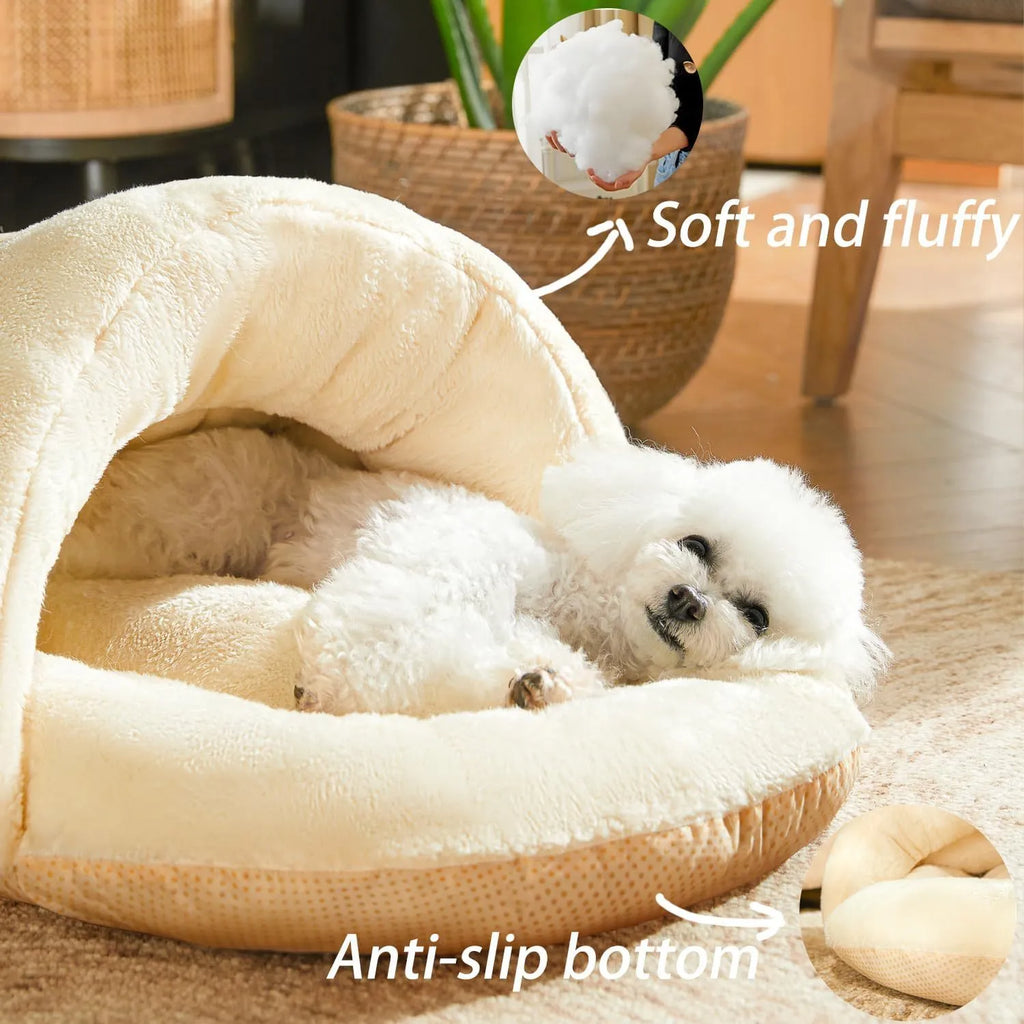 Slipper-shaped grey cat cave bed with Arctic velvet interior shown in both enclosed and open configurations