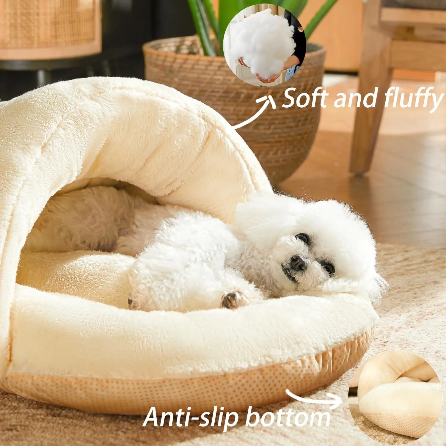 Slipper-shaped grey cat cave bed with Arctic velvet interior shown in both enclosed and open configurations