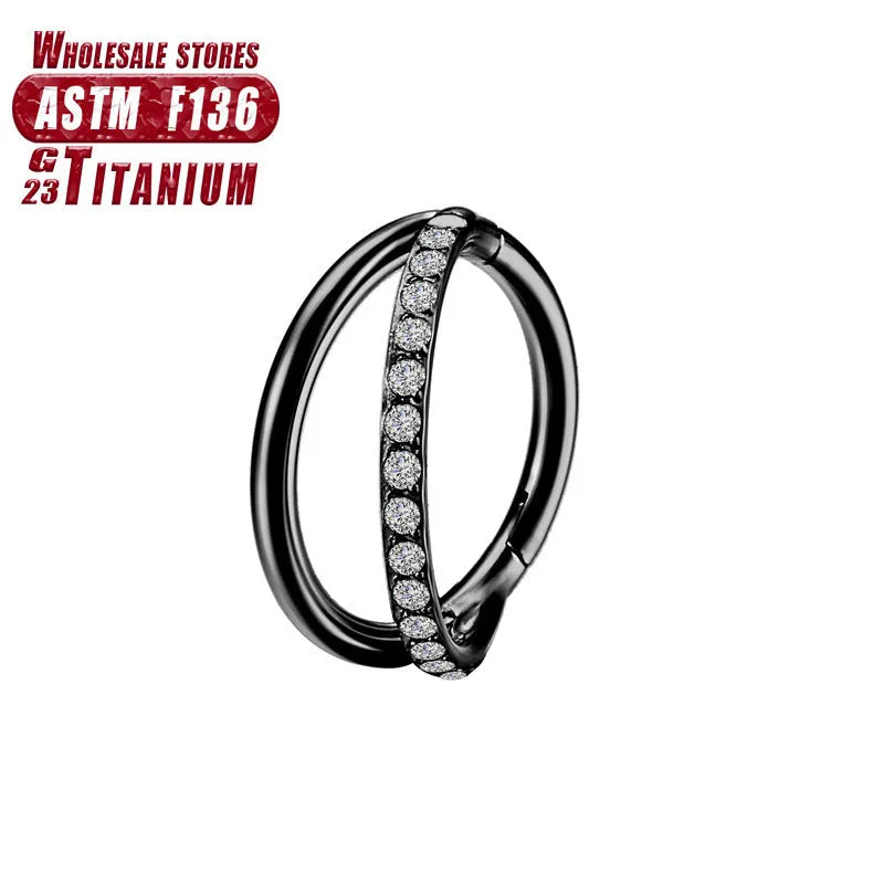 Titanium alloy nose ring or septum piercing in silver, available in multiple lengths and diamond-accented styles.
