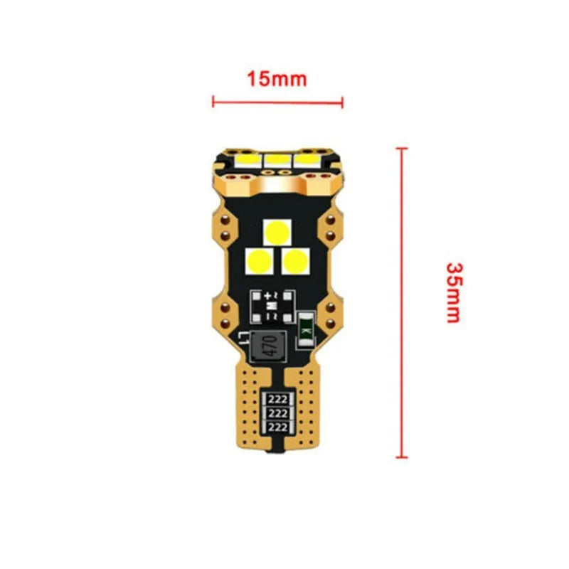 Single T15 white automotive reverse light bulb with PVC housing.