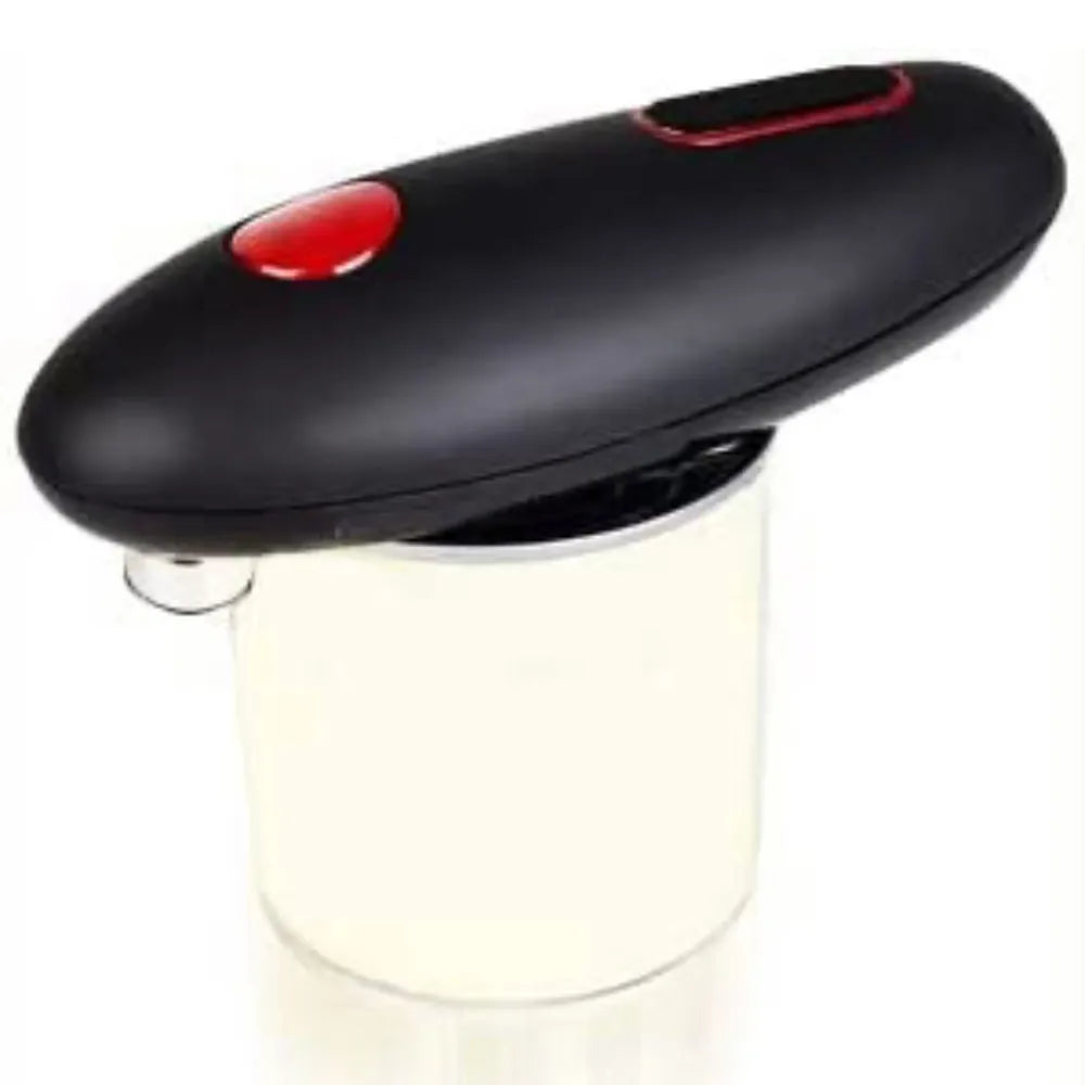 Black electric can opener with one-touch operation for battery-powered kitchen use