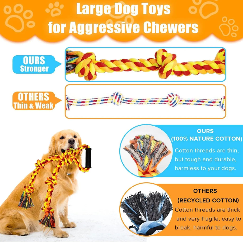 Blue and yellow heavy-duty cotton dog rope toy with a large handle for tug of war.