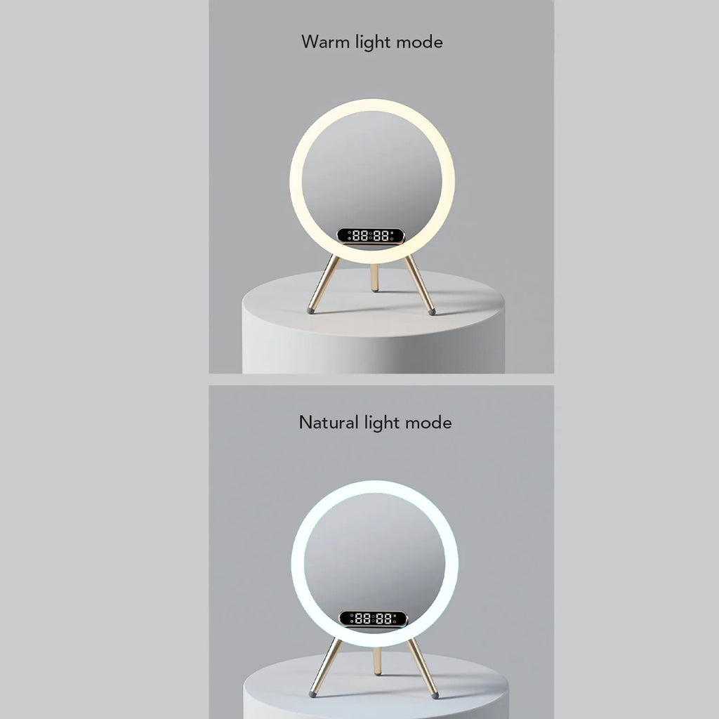 Multi-function LED mirror alarm clock with wireless charger and Bluetooth speaker in white, showing clock display and acrylic mirror surface