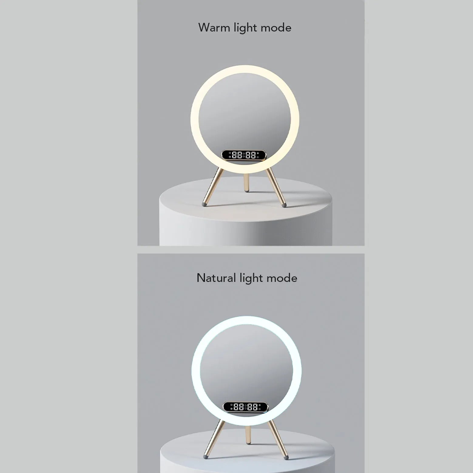 Multi-function LED mirror alarm clock with wireless charger and Bluetooth speaker in white, showing clock display and acrylic mirror surface
