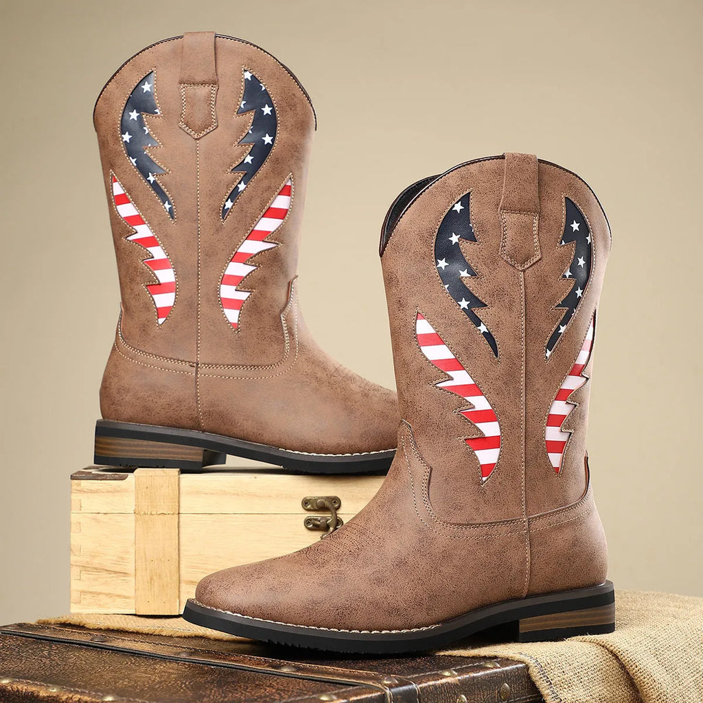 Men's thick-heel leather patchwork boots in black, brown, gray, and khaki, slip-on style with block heel