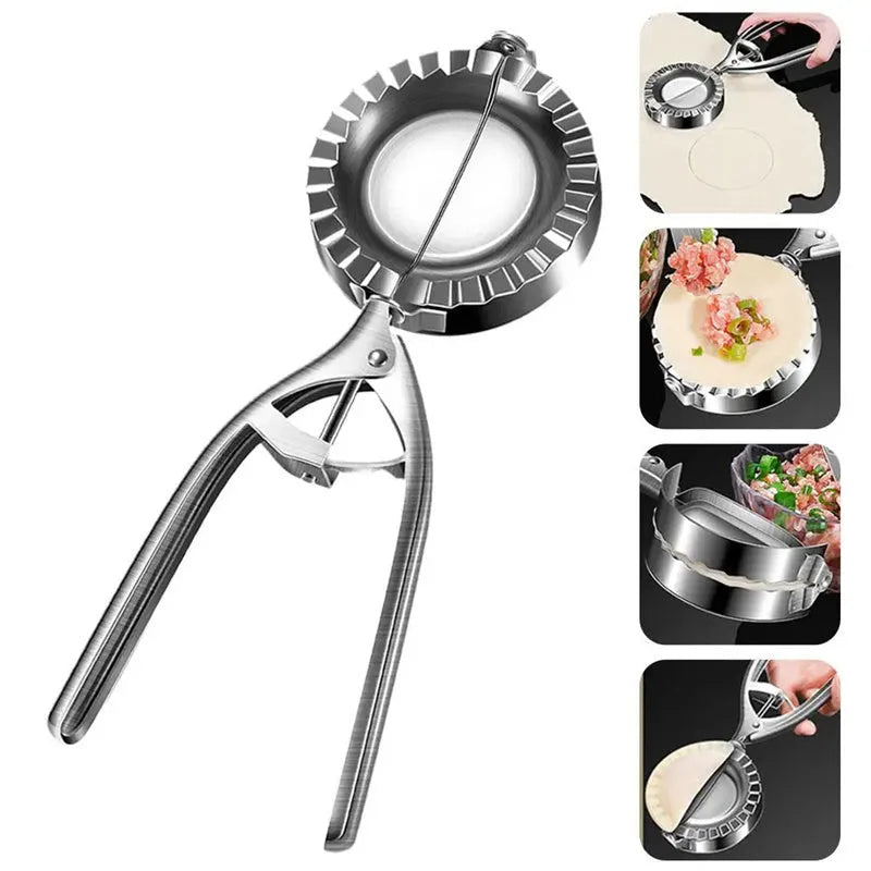 Silver-colour stainless steel manual dumpling mould on a kitchen counter.