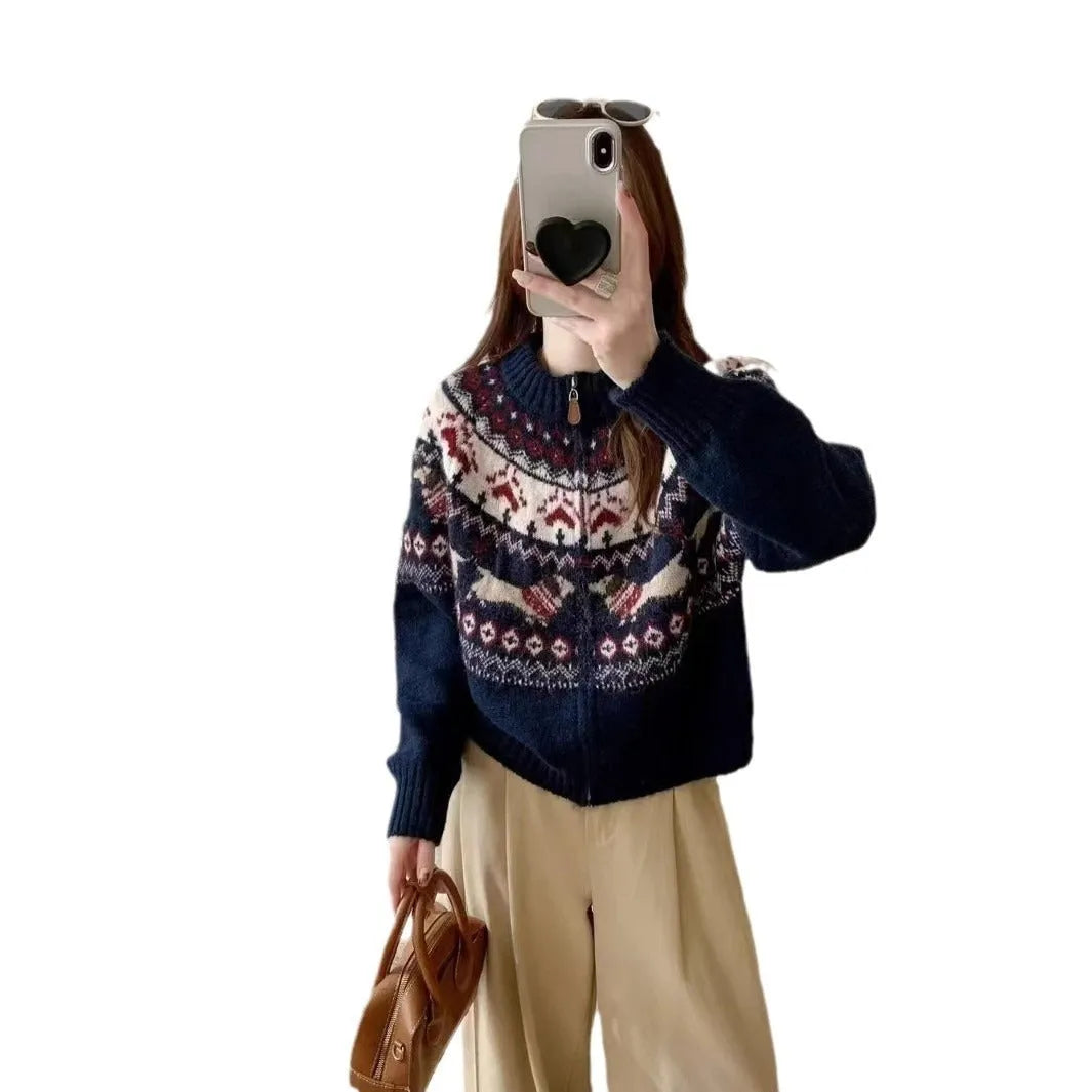 Ethnic style jacquard pullover sweater with 3D pattern in loose fit