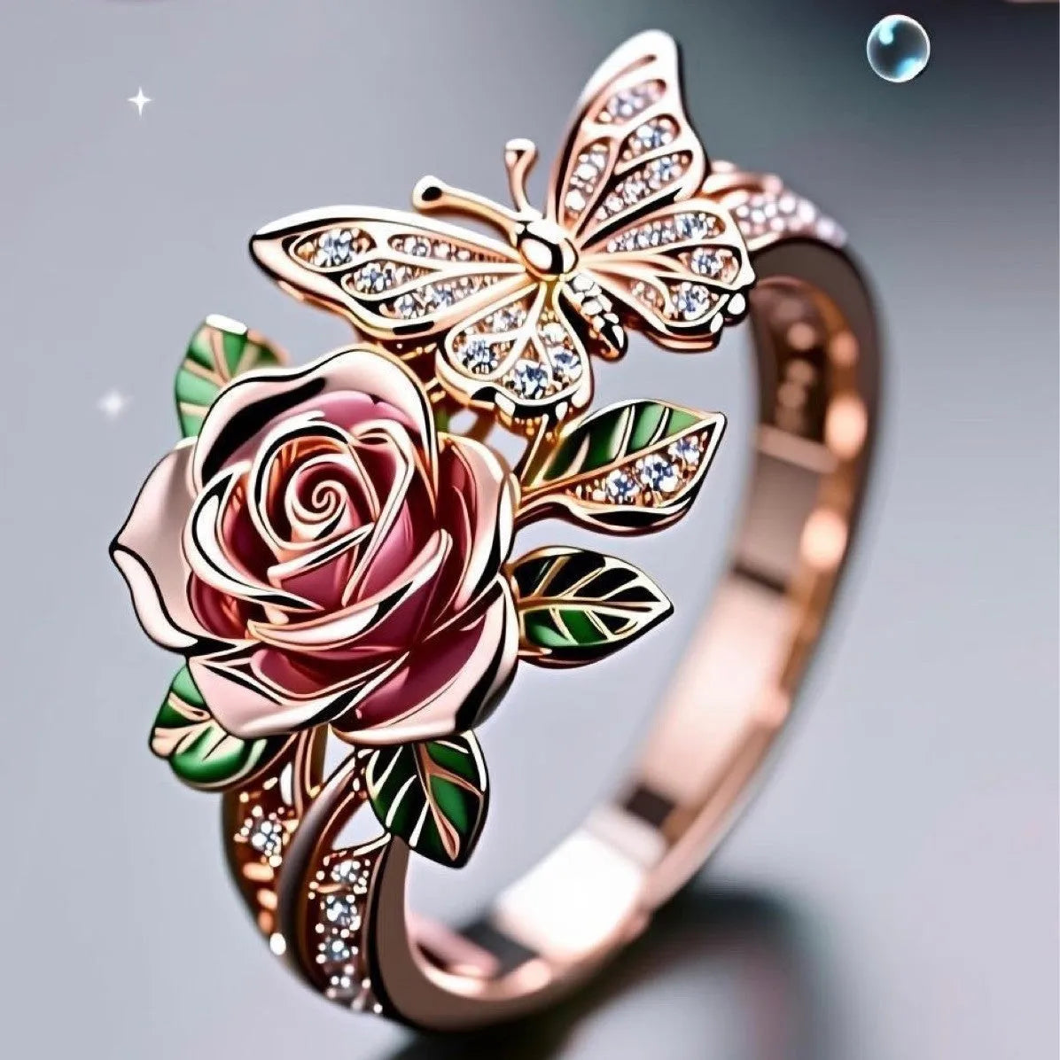 Adjustable fairy style ring with oil drip colour effect and butterfly charm